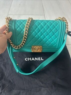 CHANEL Quilted Shoulder Boy Bag in Teal with Gold Hardware